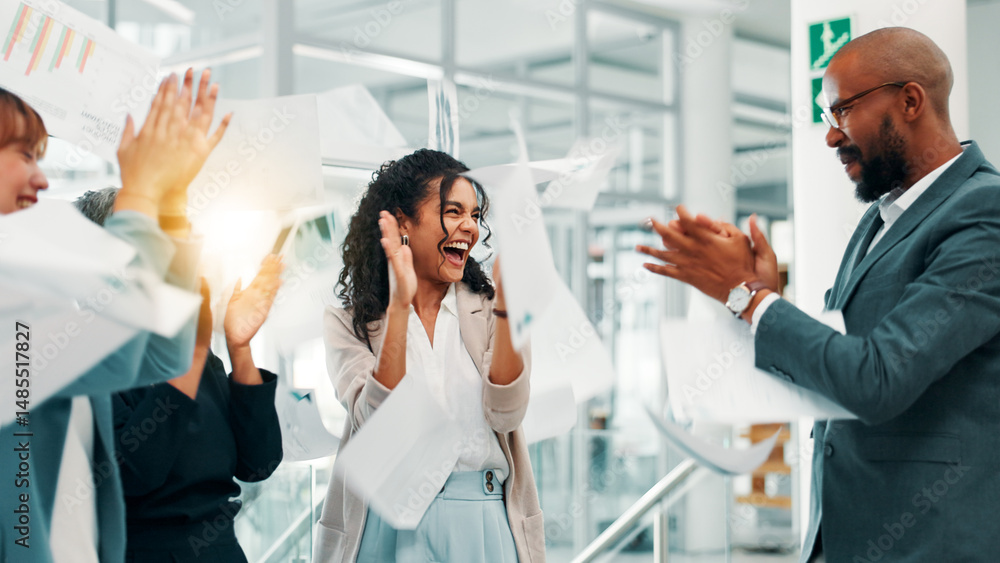 Obraz premium Business people, paperwork and celebration with excited for office achievement, done or finished. Employees, group applause and throwing document in air for success, support and contract goal