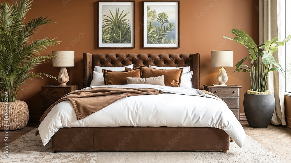 Fototapeta premium Elegant bedroom interior with earthy tones featuring leather bed and indoor plants