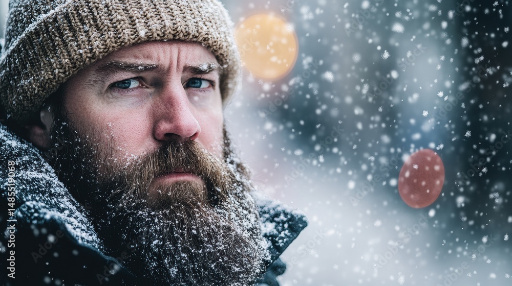 Man with a beard outdoors in winter snow scene wearing warm hat staring intensely at camera in a cold environment with falling snowflakes. Man with a beard outdoors in winter snow scene wearing warm hat staring intensely at camera in a cold environment with falling snowflakes.