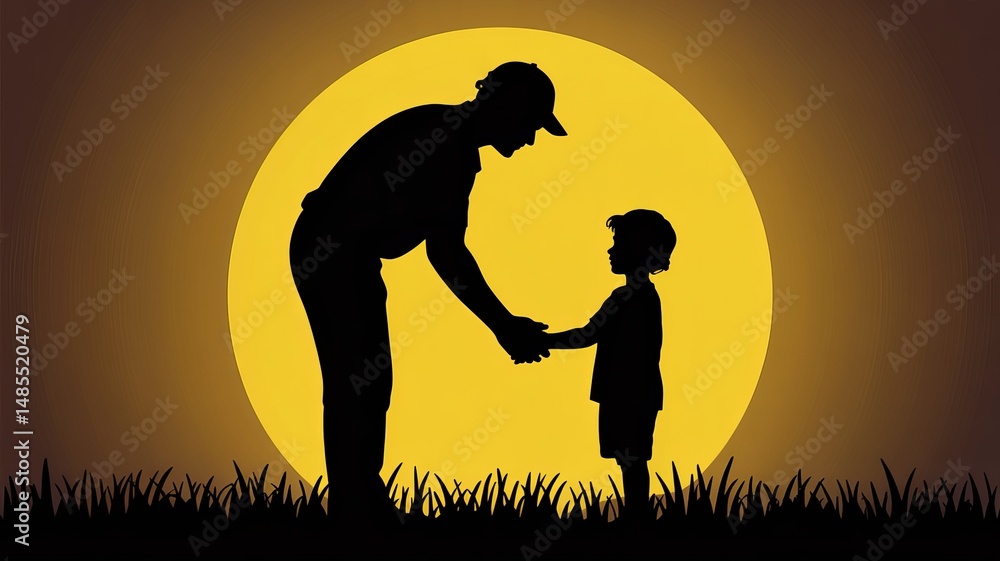 A silhouette illustration of a Father's Day greeting card design. The image features a large yellow full moon in the background against a dark brown sky A silhouette illustration of a Father's Day greeting card design. The image features a large yellow full moon in the background against a dark brown sky