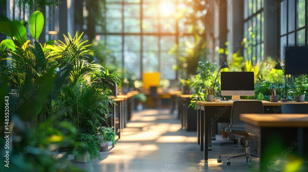 A large open office space with lots of plants and a computer monitor on a desk A large open office space with lots of plants and a computer monitor on a desk