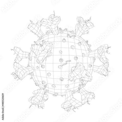 Coronavirus virion model wireframe made of black lines isolated on white background. 3D
