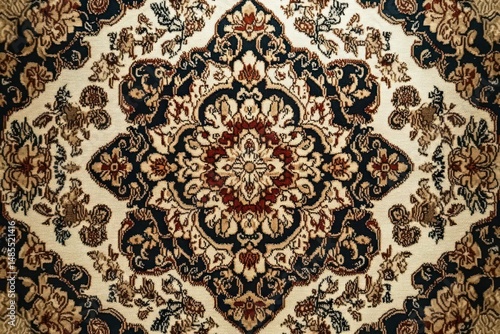 Intricate floral patterned carpet with symmetrical design in beige, navy blue, and brown tones creating an elegant and classic ornamental appearance