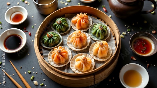 Wallpaper Mural A hyper-detailed overhead shot of a traditional bamboo steamer tray filled with a vibrant variety of dim sum — including translucent har gow (shrimp dumplings) Torontodigital.ca