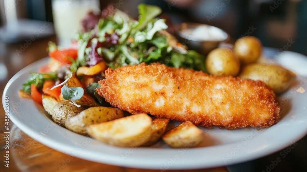A fried fish fillet served on a warm plate with a side of roasted potatoes and a fresh garden salad A fried fish fillet served on a warm plate with a side of roasted potatoes and a fresh garden salad