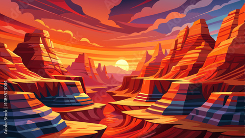 Grand Canyon
Massive layered rock formations in red and orange hues, with a deep canyon center and sunset sky above.