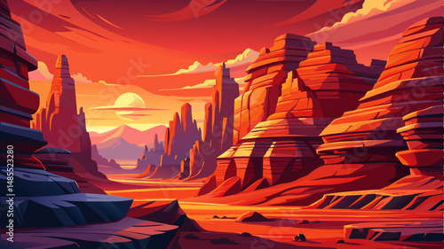 Grand Canyon
Massive layered rock formations in red and orange hues, with a deep canyon center and sunset sky above.