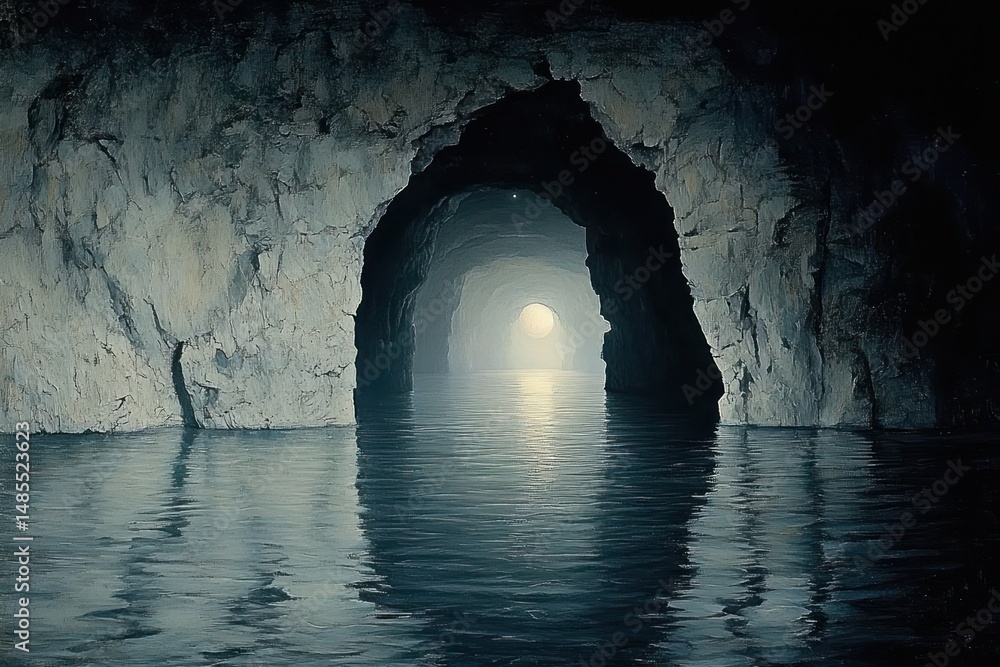 Calm water flowing through a dark rocky cave tunnel toward a bright circular light source in the distance, creating a mysterious and serene atmosphere Calm water flowing through a dark rocky cave tunnel toward a bright circular light source in the distance, creating a mysterious and serene atmosphere