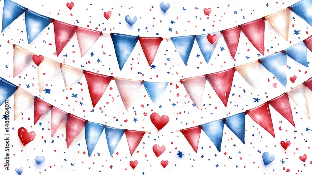 Obraz premium Red, white and blue party bunting with confetti and hearts celebrating independence day