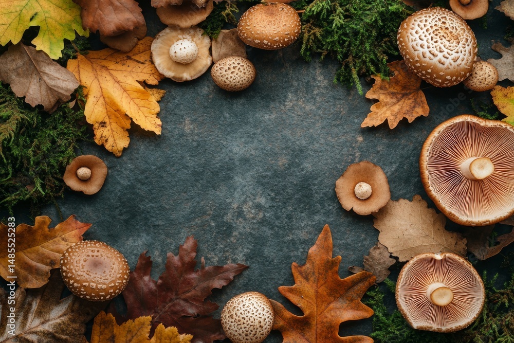 Autumnal Still Life Mushrooms Oak Leaves Moss on Dark Stone Background Autumnal Still Life Mushrooms Oak Leaves Moss on Dark Stone Background
