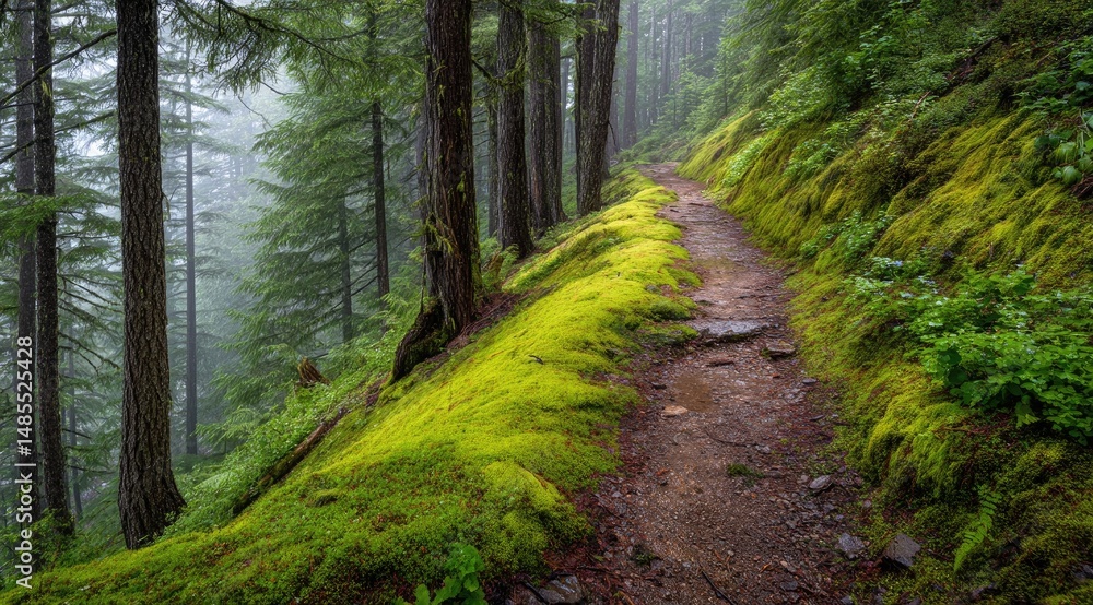 Fototapeta premium Misty forest path winding through mossy hillside