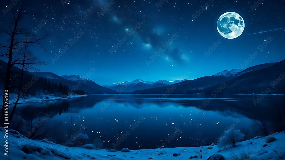 Fototapeta premium Moonlit Winter Lake Beneath Starry Mountain Sky