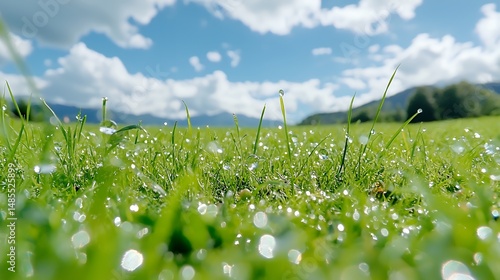 Green Grass with Water Droplets Under Blue Sky