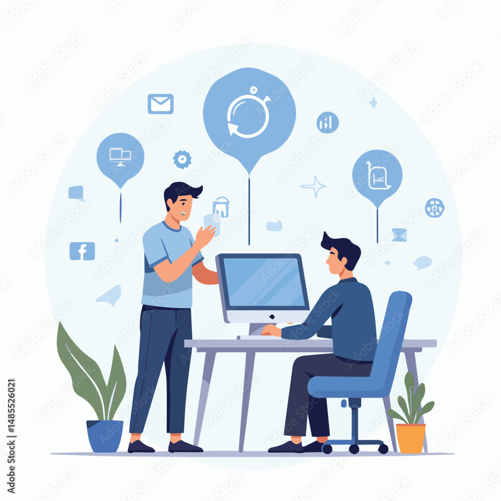 Business icon vector illustration featuring a modern businessman working on a laptop. Includes symbols of internet, technology, cloud, communication, and data. Clean flat design ideal for corporate, Business icon vector illustration featuring a modern businessman working on a laptop. Includes symbols of internet, technology, cloud, communication, and data. Clean flat design ideal for corporate,