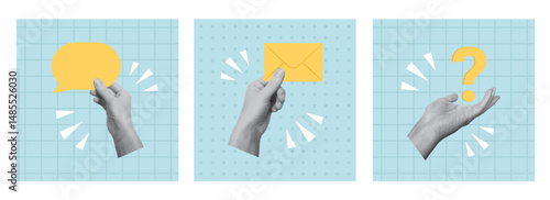 Set of collage designs with hands holding yellow question mark, speech bubble and envelope. Question and answer, problem and solution, communication, business concept