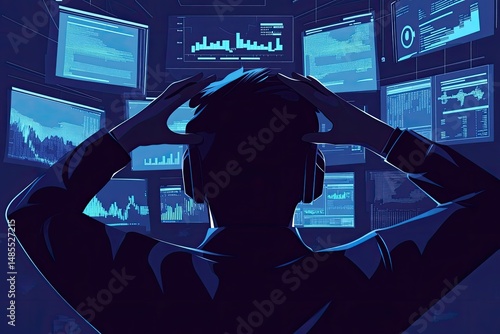 Frustrated operator surrounded by glowing screens