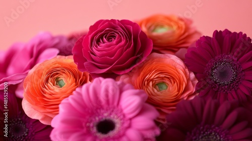 A bouquet of pink flowers rests on a bedsheet that is also pink, featuring orange and pink undertones