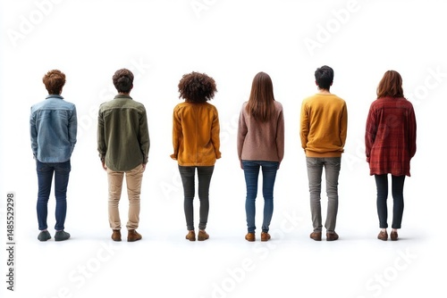 Group of six diverse young adults standing in a row facing away from the camera against a white background, showing casual autumn clothing and relaxed posture