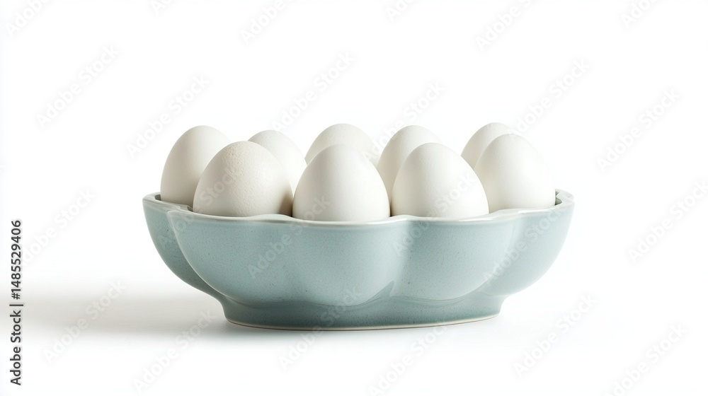 A light blue ceramic egg holder with eight white eggs, set against a white background A light blue ceramic egg holder with eight white eggs, set against a white background