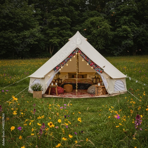 Beige Bell Tent in Vibrant Wildflower Meadow