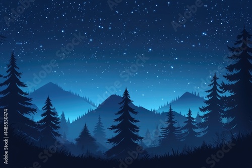 Starry night over a silhouetted mountain range and pine forest