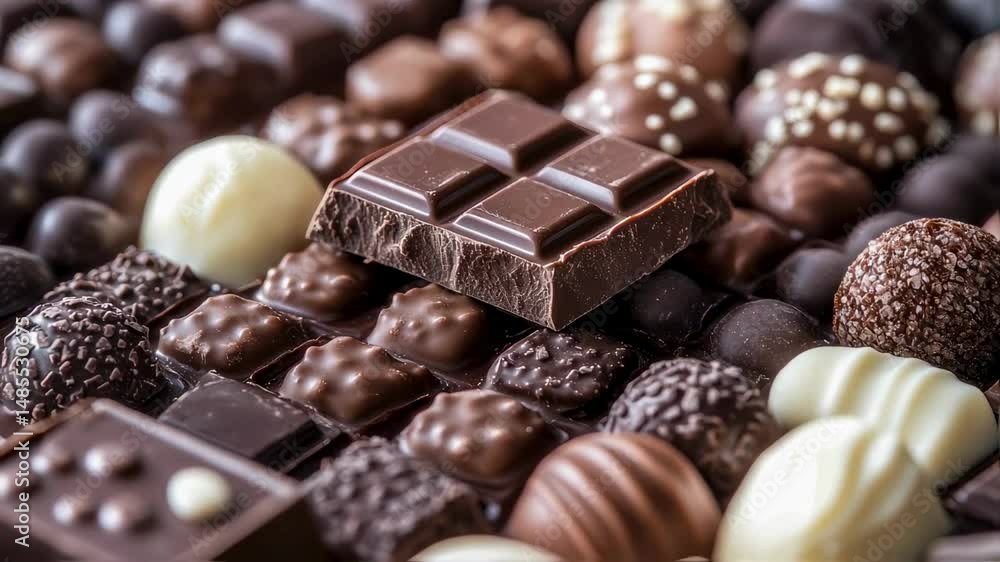 Assorted Gourmet Chocolates and Dark Chocolate Bar Close-Up Assorted Gourmet Chocolates and Dark Chocolate Bar Close-Up