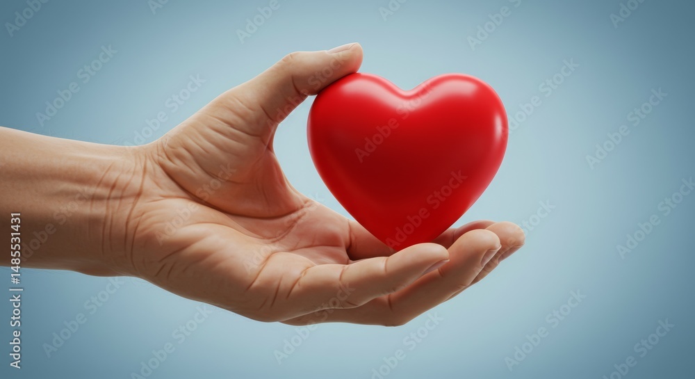 Hand holding red heart symbol on soft blue background Hand holding red heart symbol on soft blue background