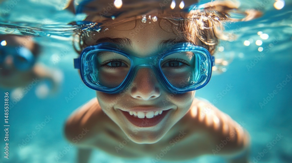 Fototapeta premium Close-up of a smiling child wearing blue swimming goggles underwater enjoying swimming