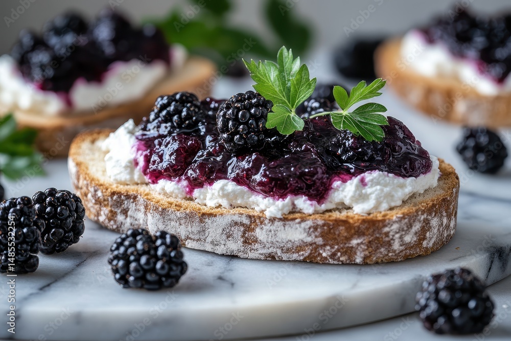 Artisan bread topped with ricotta, blackberry jam, and parsley sprig. Use for blog posts about breakfast, brunch, healthy eating, or baking. Artisan bread topped with ricotta, blackberry jam, and parsley sprig. Use for blog posts about breakfast, brunch, healthy eating, or baking.