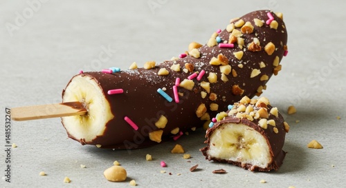 Chocolate-Covered Banana Popsicle with Nuts and Sprinkles
