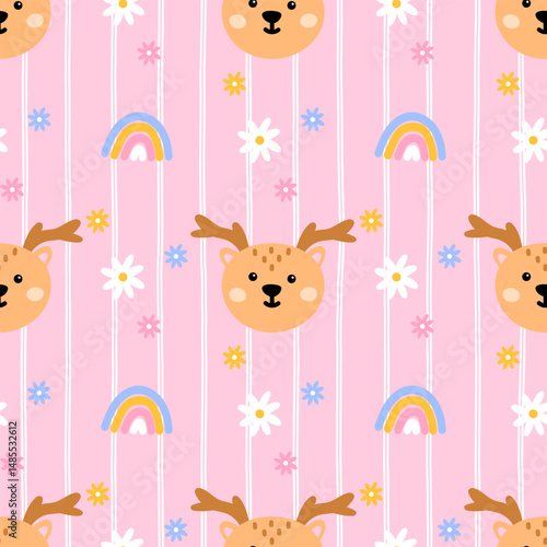 Kawaii deer seamless pattern in a forest background, featuring woodland animals. Vector design, ideal for winter or woodland nursery items and textiles