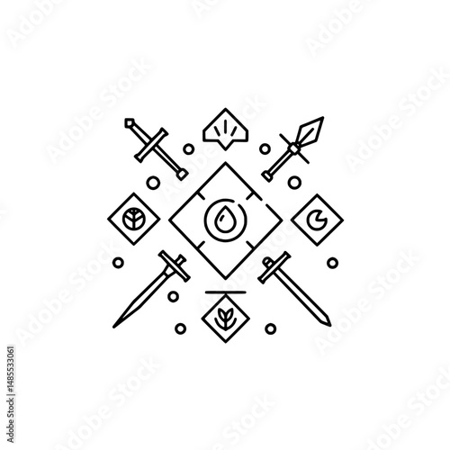 Fantasy weapon icon set representing concepts of adventure and mythical quests
