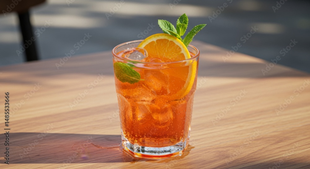 Naklejka premium Refreshing Orange and Mint Cocktail with Ice in a Glass on Wooden Table
