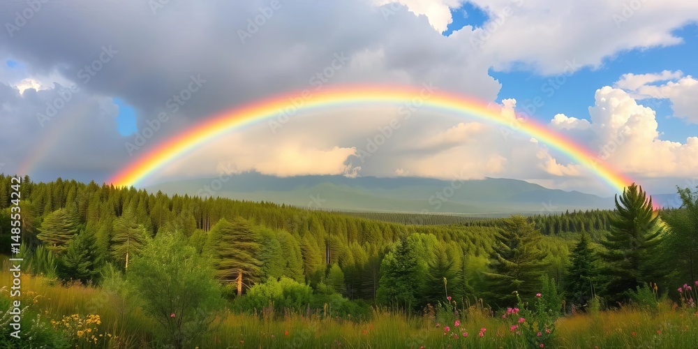 Naklejka premium Vibrant rainbow arching over lush forest, wildflowers, and fluffy clouds, majestic, awe-inspiring