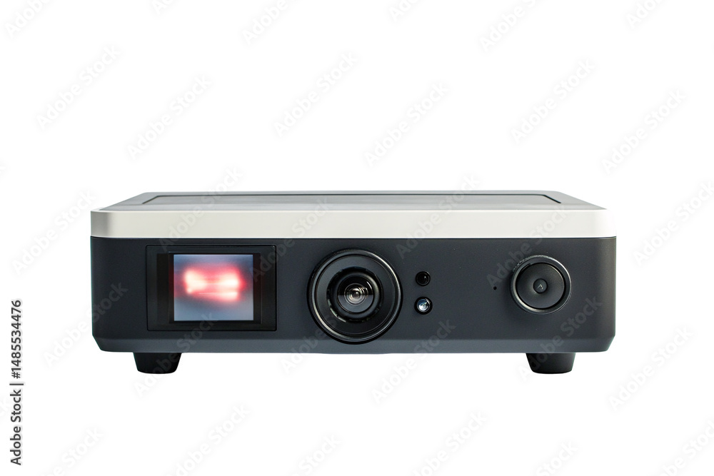 a black and white device with a red light a black and white device with a red light