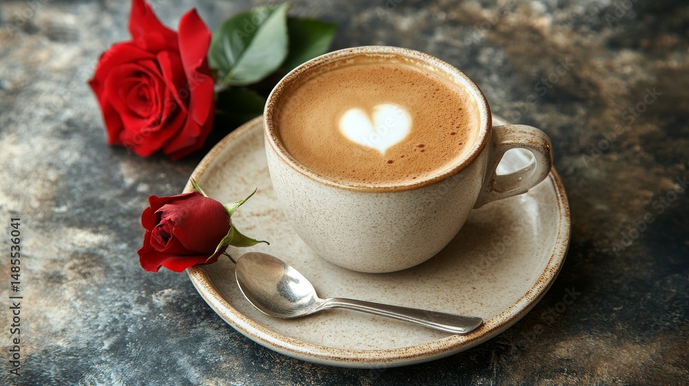 A white table holds coffee, a vase of flowers, and a black spoon A white table holds coffee, a vase of flowers, and a black spoon
