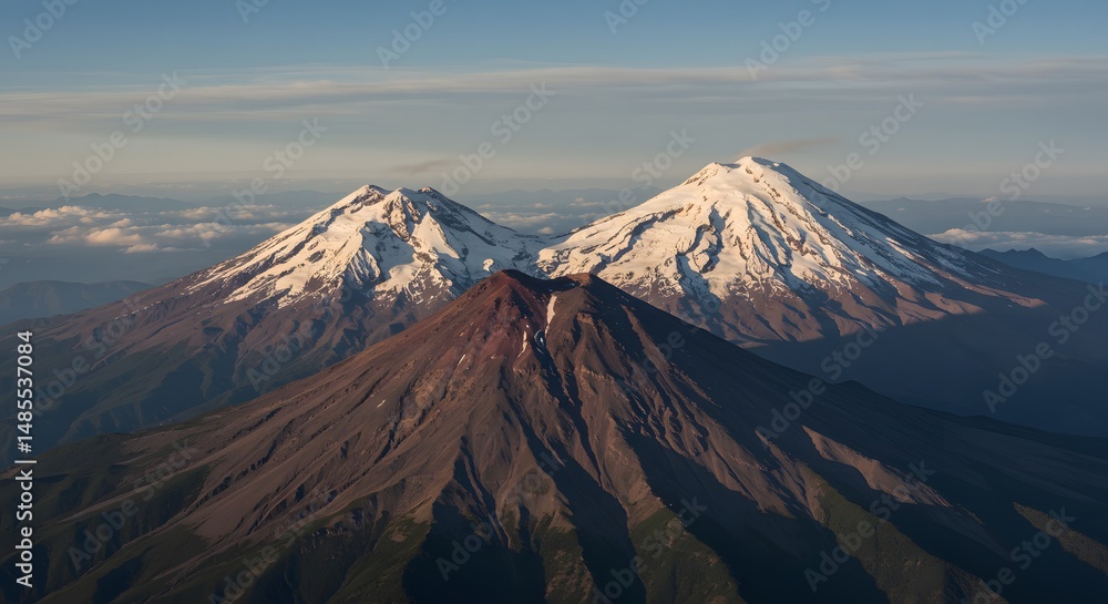Three Volcanic Peaks with Snow, Aerial Mountain Landscape Three Volcanic Peaks with Snow, Aerial Mountain Landscape