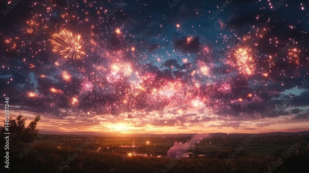 Fototapeta premium A sky filled with multicolored fireworks, each burst casting a radiant glow over a calm countryside landscape