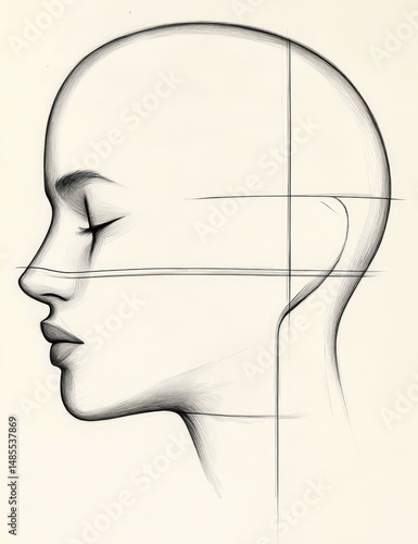 Minimalistic pencil sketch of a serene female face profile with closed eyes and smooth features, surrounded by guiding construction lines on a light background