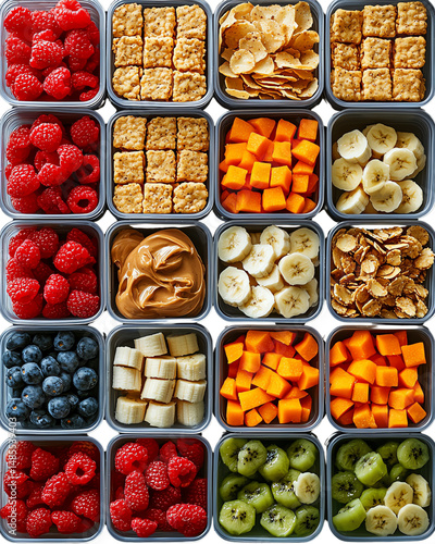 Organized Assortment of Fresh Fruits and Breakfast Cereals in Clear Containers, cut out, no background
