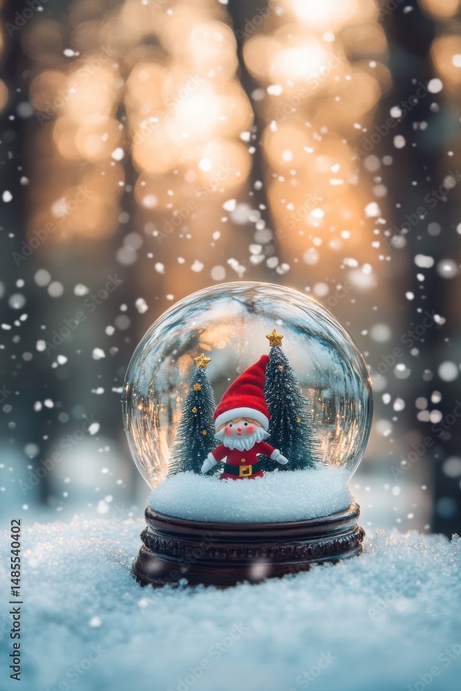 Christmas snow globe with Santa figurine surrounded by miniature trees, winter holiday decoration, festive season atmosphere with falling snowflakes. Christmas snow globe with Santa figurine surrounded by miniature trees, winter holiday decoration, festive season atmosphere with falling snowflakes.