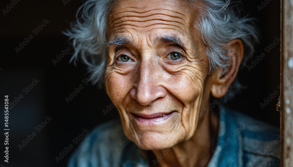 Warm close-up portrait of an elderly woman with a gentle smile and expressive wrinkles Warm close-up portrait of an elderly woman with a gentle smile and expressive wrinkles