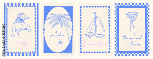  Italy la dolce vita vintage posters. Summer Italy. Vector illustrations in ink line doodle sketch. Print, wall art vector travel postcard stamp, summer engraving emblem, placard or poster.