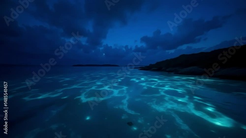 Serene Nighttime Seascape Ocean Water Glowing Bioluminescence Dark Blue Sky Calm Waters Tropical Beach