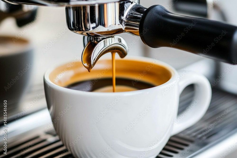 Barista prepares espresso in a bustling modern cafe during morning rush hour Barista prepares espresso in a bustling modern cafe during morning rush hour