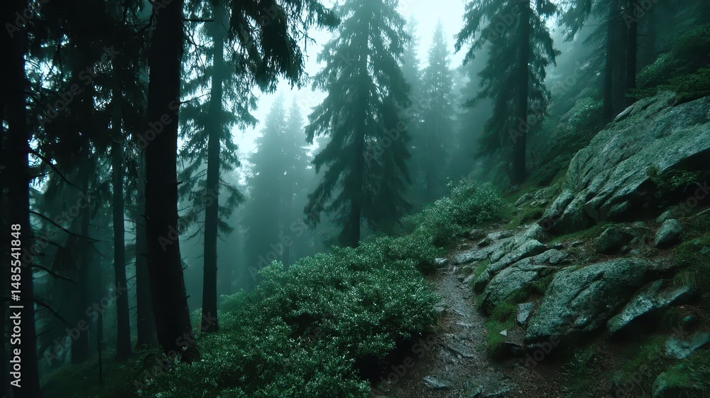 Fototapeta premium Low Angle Shot of Sunlight Piercing Through Fog in Dense Forest Setting