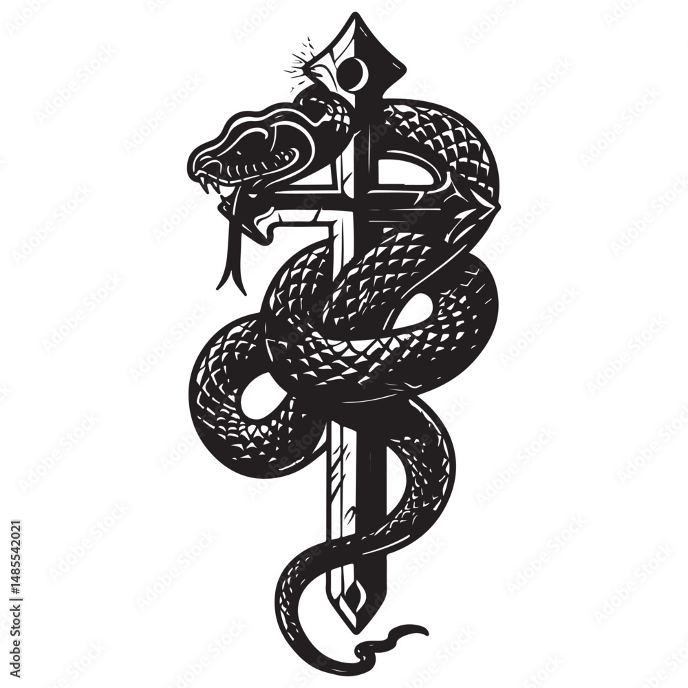 Obraz premium Snake Entwined Sword, Snake and Sword Tattoo Design