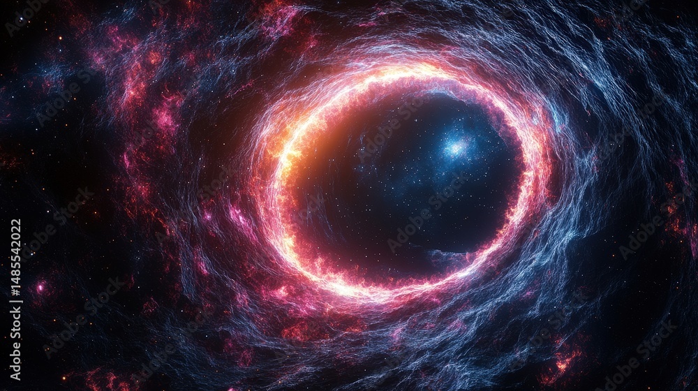 A vibrant, swirling cosmic ring of light in deep space. A vibrant, swirling cosmic ring of light in deep space.