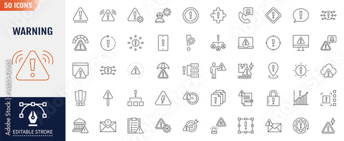 Warning line editable icon set. Containing Alert, caution, danger, error and more. Vector illustration