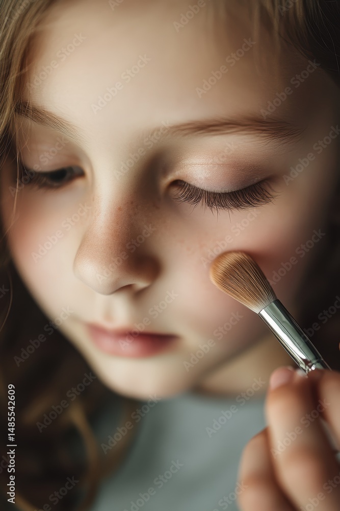 Child applying makeup with brush close up, beauty concept, kid skincare routine, creativity, innocence, self-expression, young girl learning makeup techniques. Child applying makeup with brush close up, beauty concept, kid skincare routine, creativity, innocence, self-expression, young girl learning makeup techniques.